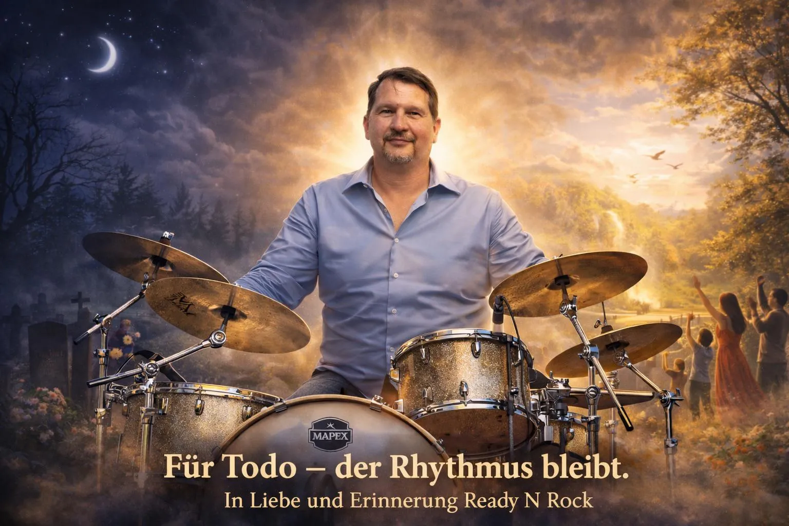 Todo an seinem Schlagzeug, eingebettet in eine Szene, die von der Nacht in ein warmes Morgenlicht übergeht.
